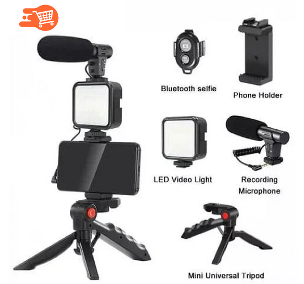 Kit de vlogging para crear videos (mini trípode, micrófono, luz LED y clip para teléfono)