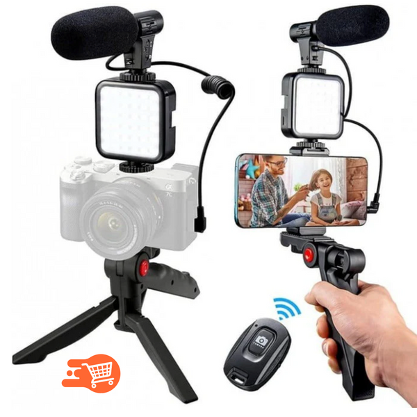 Kit de micrófono con trípode y luz LED