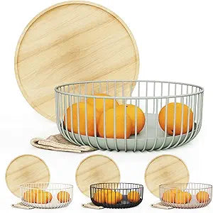 Elegante frutero de metal con tapa de madera
