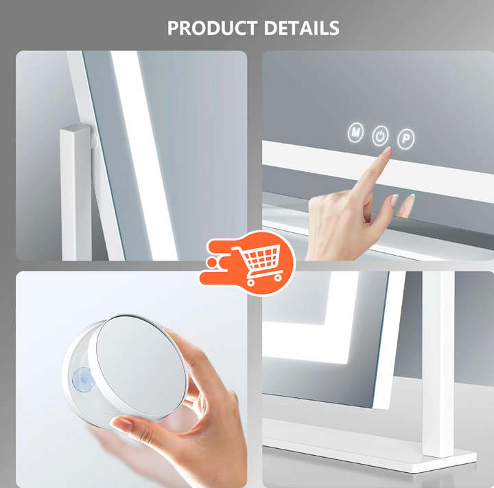 Espejo de maquillaje iluminado con control táctil y rotación de 360°