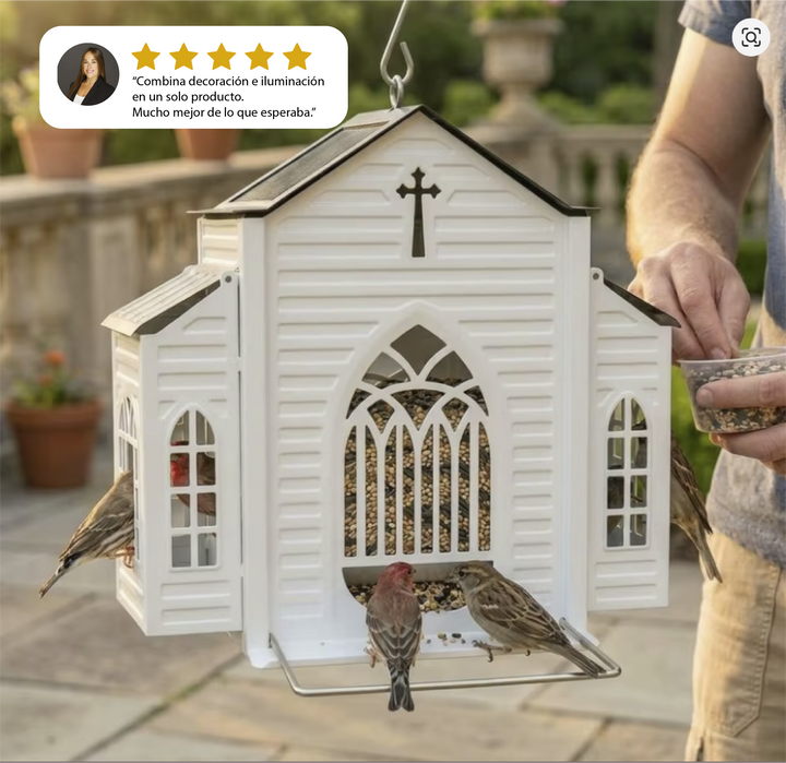 Comedero de metal para pájaros en forma de iglesia