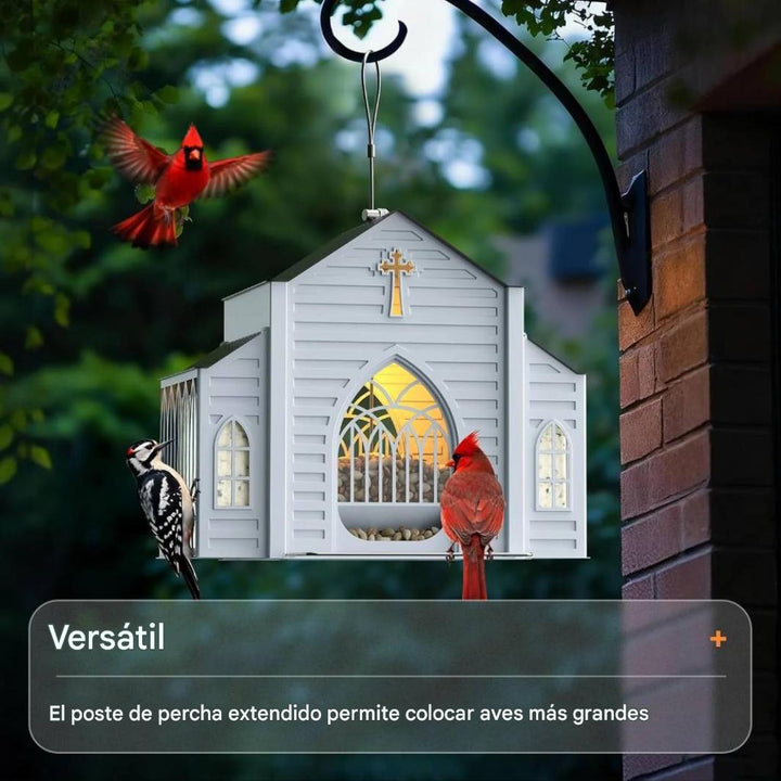 Comedero de metal para pájaros en forma de iglesia