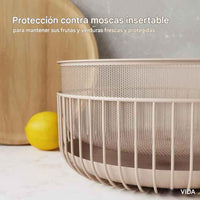 Elegante frutero de metal con tapa de madera