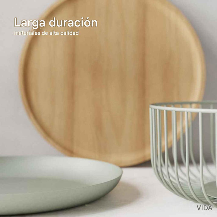 Elegante frutero de metal con tapa de madera